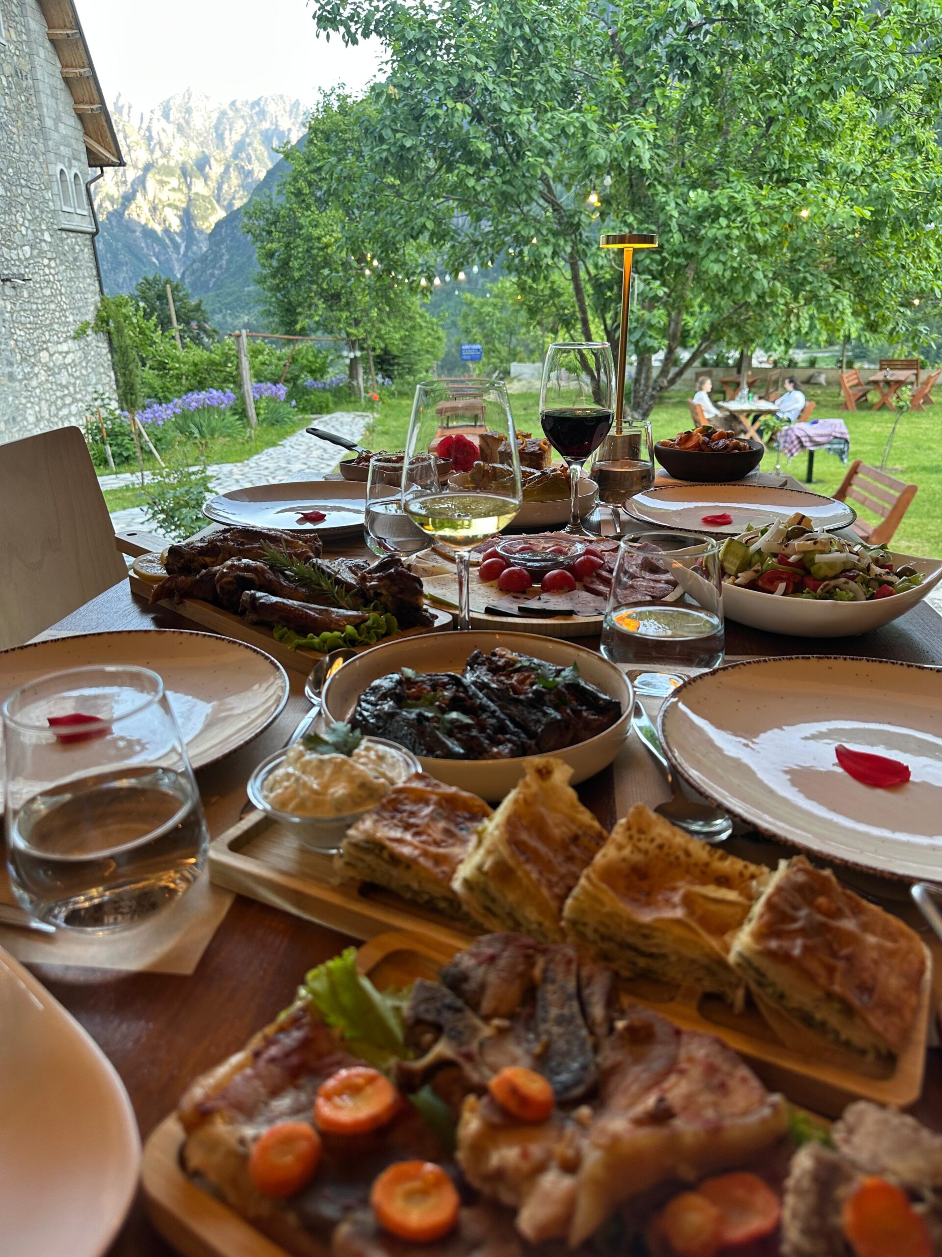Traditional Albanian food served at Gjecaj Restaurant in Theth